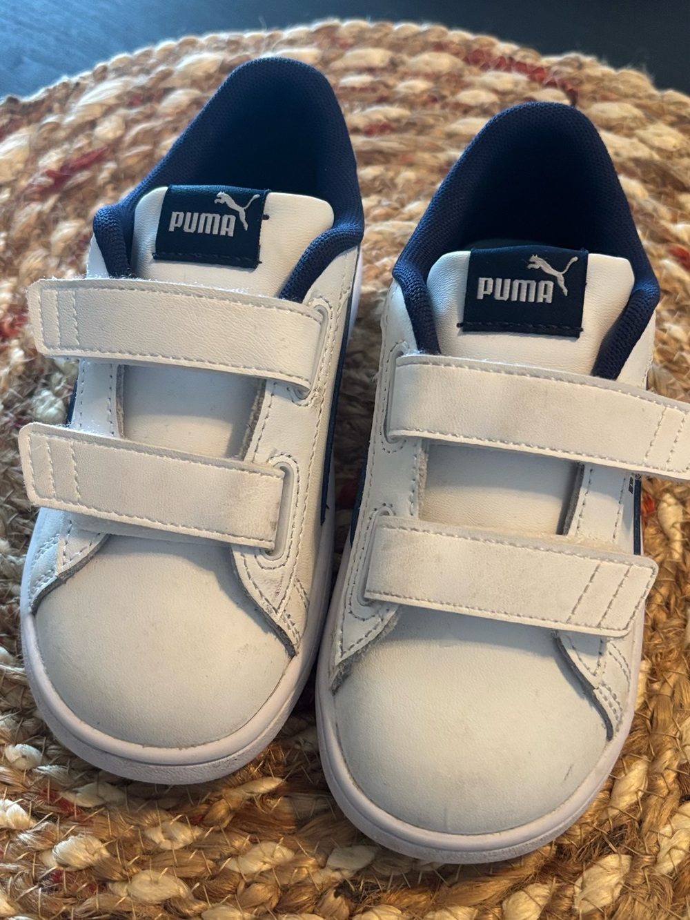 Puma Kids White and Navy Double Velcro Sneakers